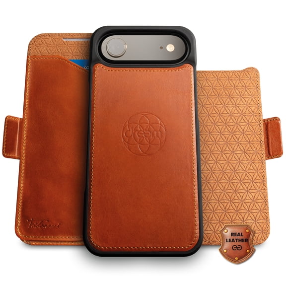 Dreem Real Leather for iPhone Air Case Wallet, Revolutionary Phone Stand, MagSafe-Fit, Magnetic Detachable Flip Cover, RFID Blocking Card Holder, Gift-Box [Fibonacci:Caramel]