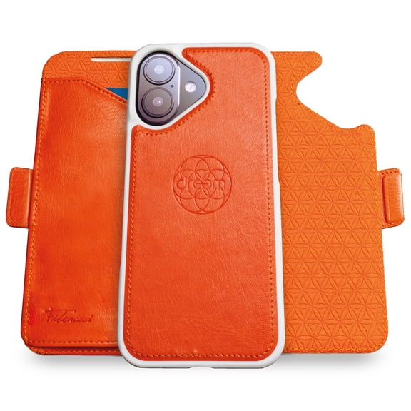 Dreem for iPhone 17 Case Wallet, Revolutionary Phone Stand, Vegan Leather, MagSafe-Fit, Magnetic Detachable Flip Cover, RFID Blocking Card Holder, Gift-Box [Fibonacci:Orange]