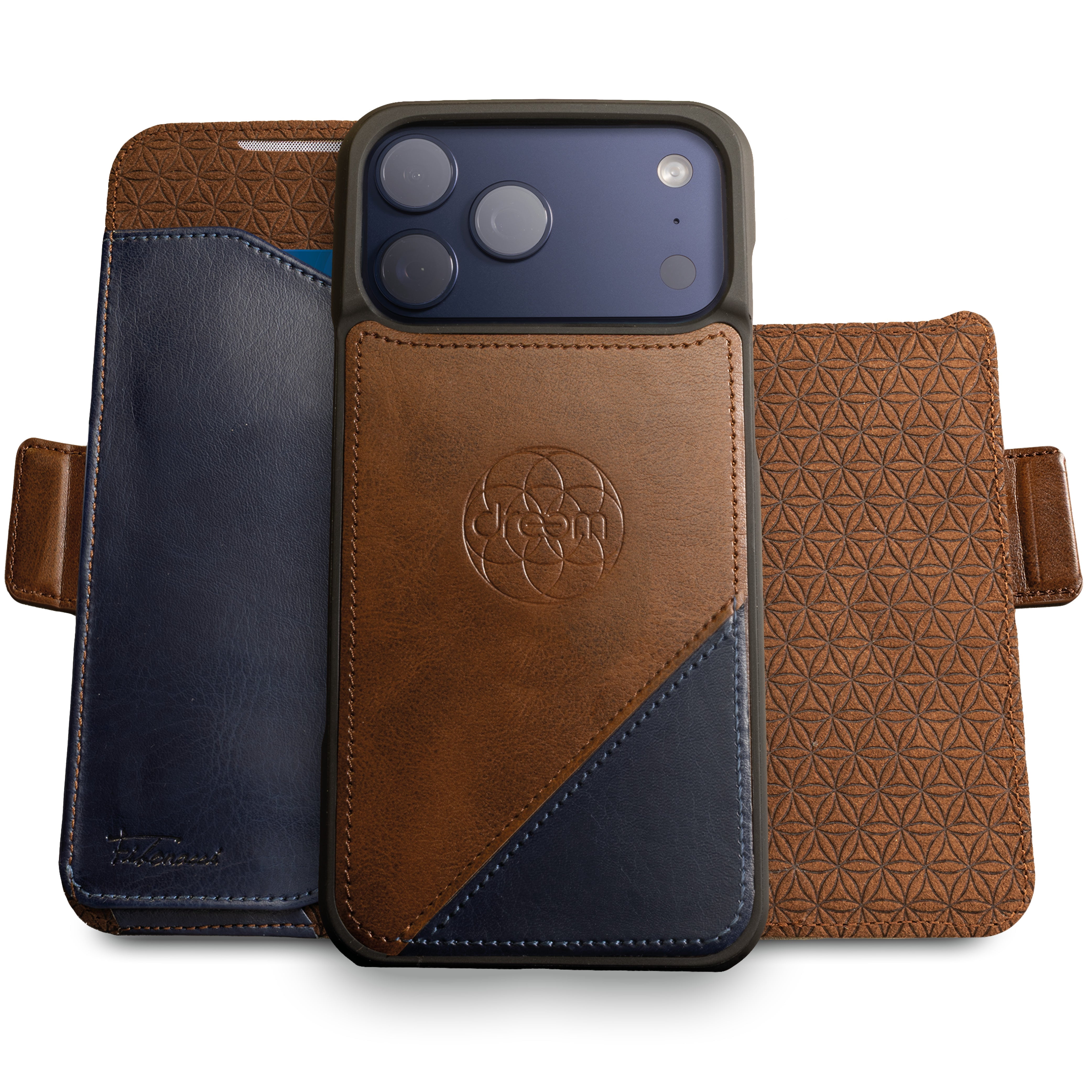 Dreem for iPhone 17 Pro Case Wallet, Revolutionary Phone Stand, Vegan Leather, MagSafe-Fit, Magnetic Detachable Flip Cover, RFID Blocking Card Holder, Gift-Box [Fibonacci:Chocolate/Royal Blue]