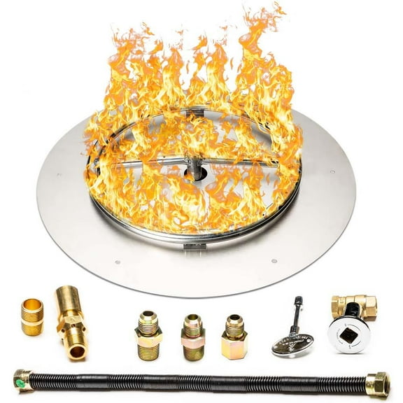 Dreffco Fire Pit Burner Pan & Ring - Works with Liquid Propane - Stainless Steel Fire Pit Burner Kit 18-Inch Pan, 12-Inch Ring - 90,000 BTU Max