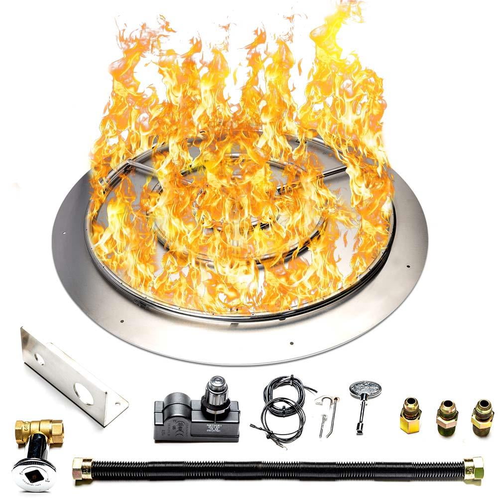 Dreffco Stainless Steel Fire Pit Burner Pan & Ring Standard Kit with Spark Ignition for Natural Gas, 30-Inch Pan, 24-Inch Ring, 150,000 BTU Max