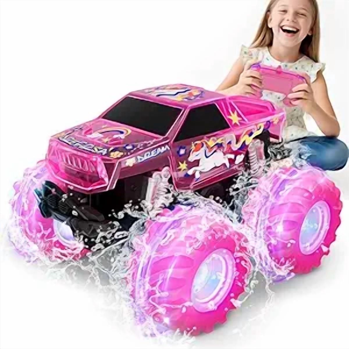 Drefirsa Pink Amphibious Remote Control Car for Girl with LED Light