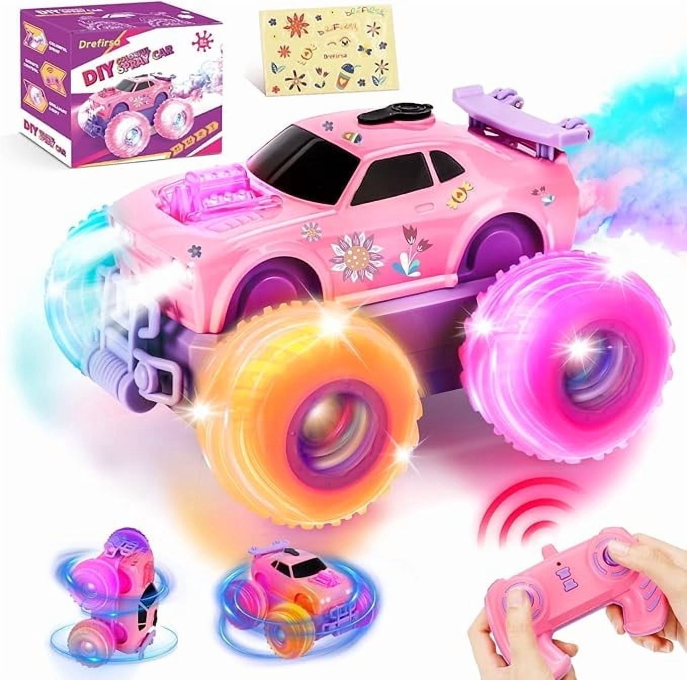 Drefirsa Princess Remote Control Car, Pink Monster Truck with Flashing Light, Spray, Stunt and DIY Sticker