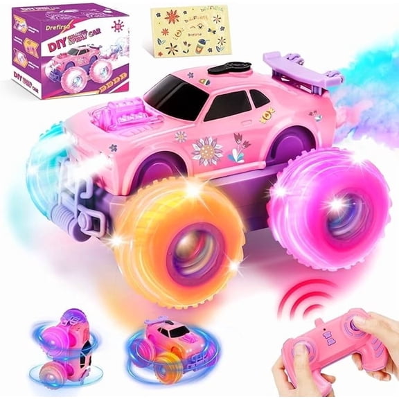 Drefirsa Princess Remote Control Car, Pink Monster Truck with Flashing Light, Spray, Stunt and DIY Sticker