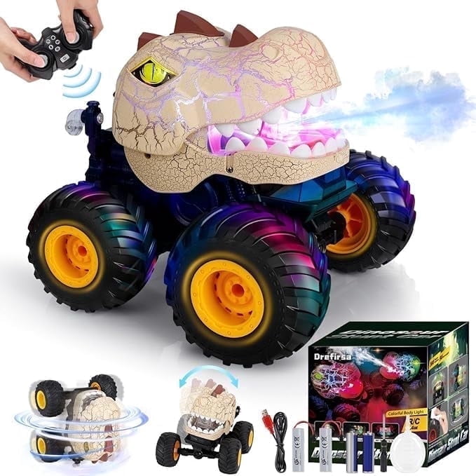 Drefirsa Dinosaur Remote Control Car for Boys Age 4-7 8-12, Monster Truck for Boy with Light, Sound, and Stunts