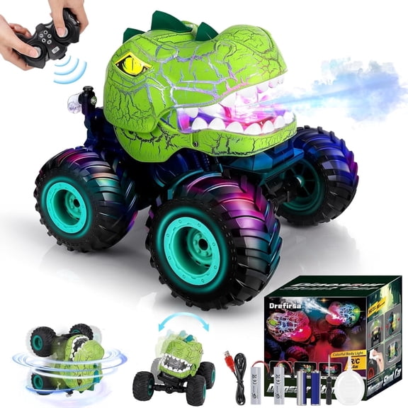 Drefirsa Remote Control Dinosaur Car for Boys Age 4-12, Dino Monster Truck Toy with Light, Music, Mist, and Stunt
