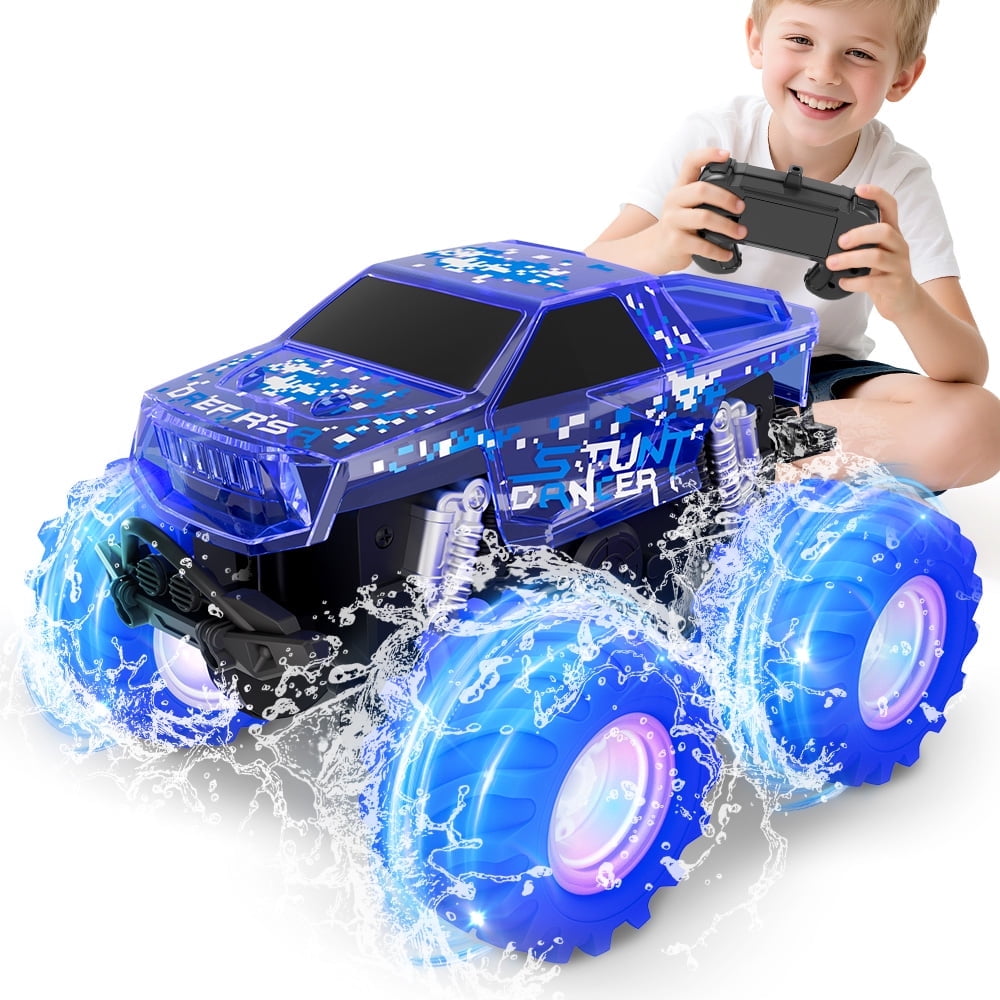 Drefirsa Waterproof Monster Truck Toy Amphibious Remote Control Car 4WD All Terrain Off-Road RC Truck with Colorful Light for 6-12 Year Old Boys