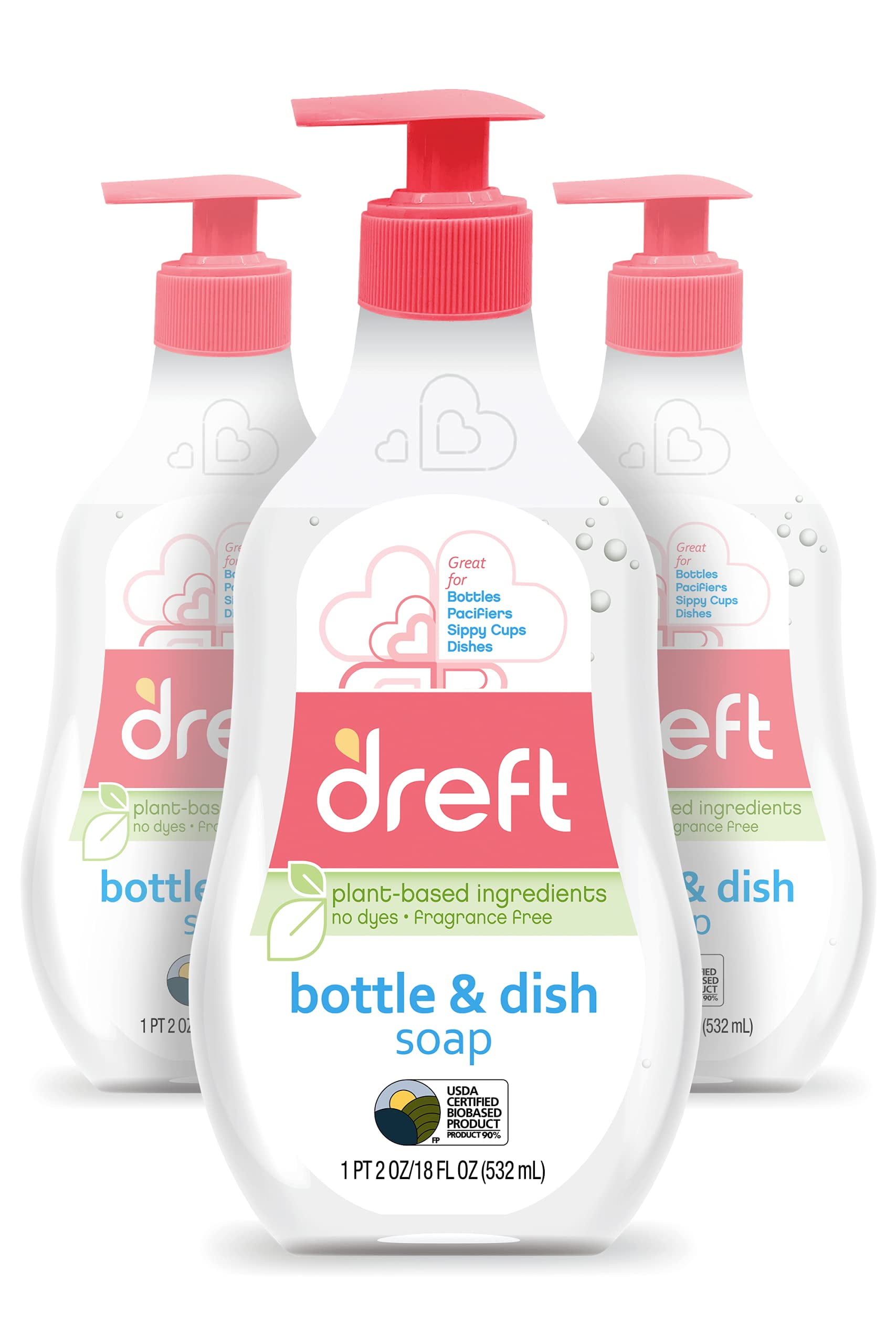 Dreft Baby, Bottle And Dish Soap, Removes Milk Film \u0026 Odor, Plant Based, Fragrance Free, 18 Fl Oz (Pack Of 3, 54 Total Ounces)