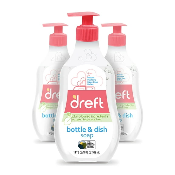 Dreft Baby, Bottle And Dish Soap, Removes Milk Film & Odor, Plant Based, Fragrance Free, 18 Fl Oz (Pack Of 3, 54 Total Ounces)