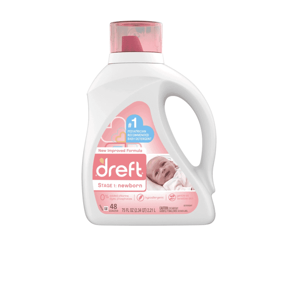 Dreft Stage 1: Newborn Baby Liquid Detergent, Hypoallergenic Gentle Clean, 75 fl oz Bottle, 48 Loads
