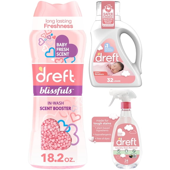 Dreft Baby Laundry Care Essentials Bundle: Detergent, Scent Booster & Stain Remover