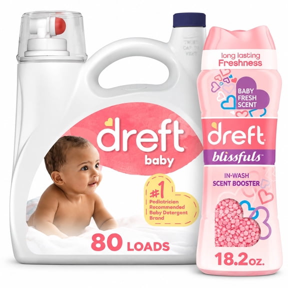 Dreft Blissfuls Laundry Scent Booster Beads, Baby Fresh, 18.2 oz with Dreft Liquid Laundry Detergent for Babies, Tackles 100% of Common Baby Stains, 105 fl oz, 80 Loads