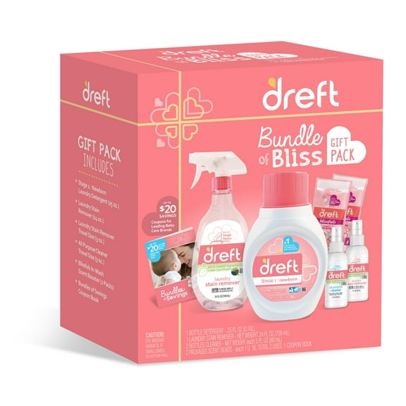 Dreft Bundle of Bliss Baby Gift Set with Laundry Detergent and Stain Remover, Infant Essentials, 16 Loads, 7 Pieces
