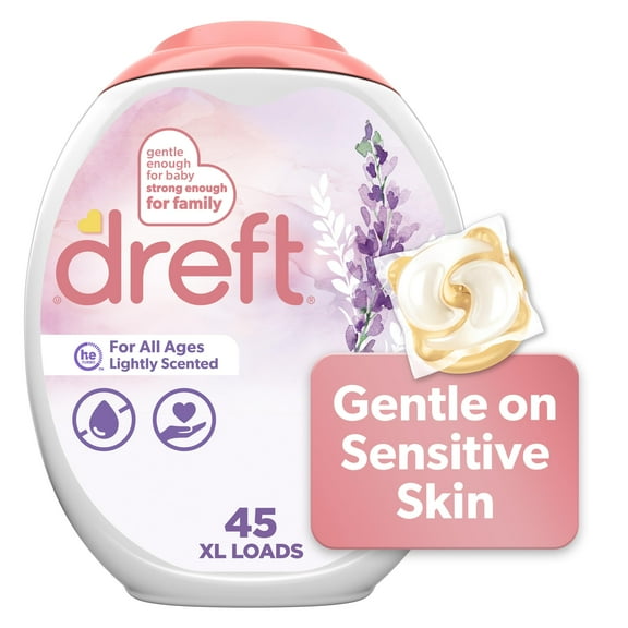 Dreft Laundry Detergent Pacs, Lightly Scented, Lavender, For Baby and Family, XL Pacs, 45 Count