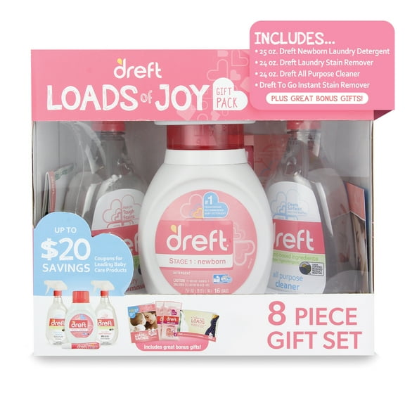 Dreft Loads of Joy Baby Gift Set with Laundry Detergent and Stain Remover, Infant Essentials, 16 Loads, 8 Pieces