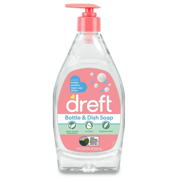 Dreft Plant-Based Liquid Dish Soap and Dishwashing Detergent for Baby Bottle, Fragrance Free Baby Essentials, 18 fl oz