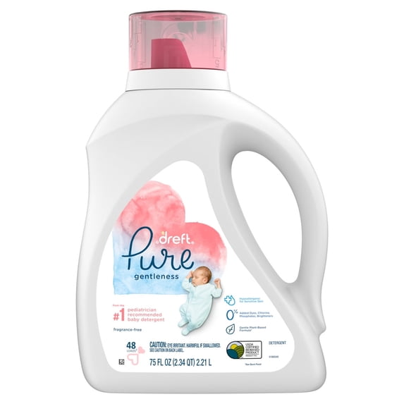 Dreft Pure Gentleness Liquid Baby Detergent, Fragrance Free, 75 Fluid Ounce, 48 Loads