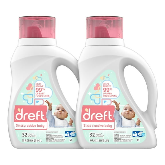 Dreft Stage 2: Active Baby Liquid Laundry Detergent, 2 count, 100 fl oz total, 64 loads