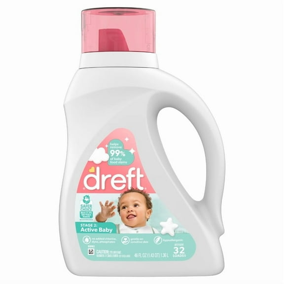 Dreft Stage 2 Active Baby Liquid Laundry Detergent (Pack 1) - 32 Loads, 46fl