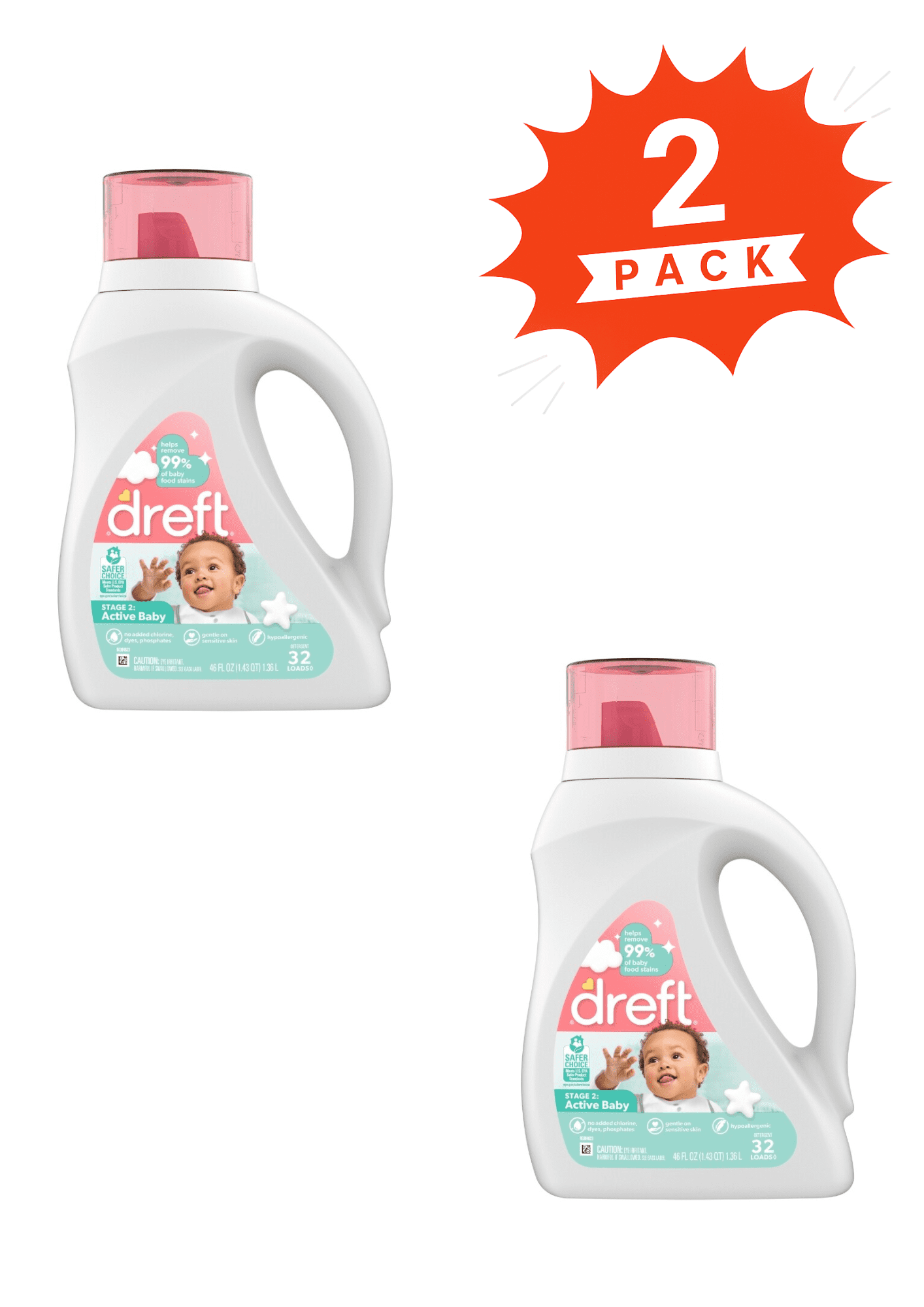 Dreft Stage 2 Active Baby Liquid Laundry Detergent (Pack 2) - 64 Loads, 92fl