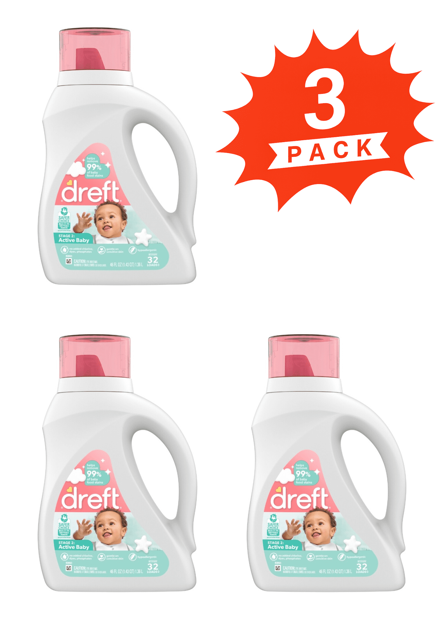 Dreft Stage 2 Active Baby Liquid Laundry Detergent (Pack 3) - 96 Loads, 138fl