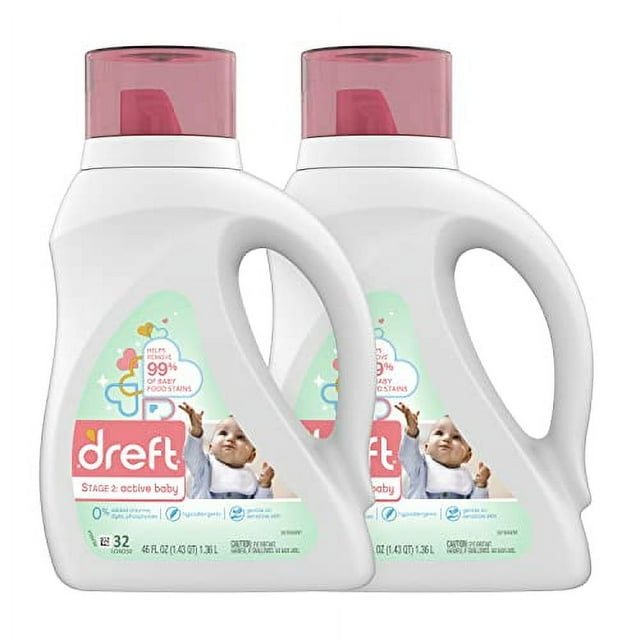 Dreft Stage 2: Baby Laundry Detergent Liquid Soap, Natural for Newborn, or Infant, HE, 64 Total Loads (Pack of 2) - Unscented and Hypoallergenic for Sensitive Skin