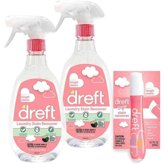 Dreft Stain Remover for Baby Clothes, Fragrance Free and Hypoallergenic Baby Stain Remover Spray Plus Travel Size Stain Treater Pen, 24 Fl Oz ( Pack of 2 + Stain Pen)