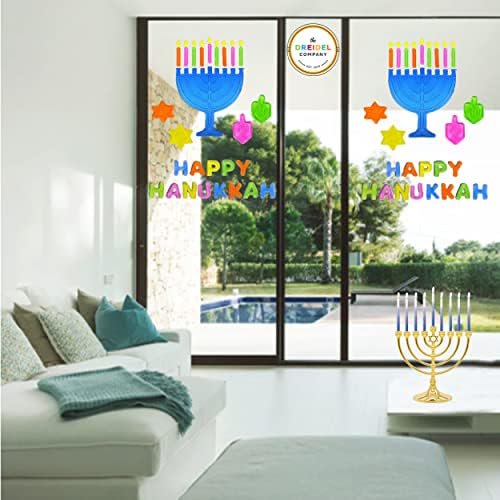 The Dreidel Company Hanukkah Window Gel Clings Menorah and Dreidel Decoration, Includes 1 Menorah 9 Candles 4 Dreidels & Happy Hanukkah Letters-28 Chanukah Theme Clings.