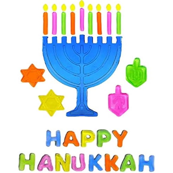 The Dreidel Company Hanukkah Window Gel Clings Menorah and Dreidel Decoration, Includes 1 Menorah 9 Candles 4 Dreidels & Happy Hanukkah Letters-28 Chanukah Theme Clings.