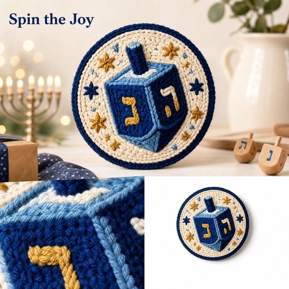 Dreidel Punch Needle Embroidery Kit Hanukkah Blue and Gold Home Decor Handmade Holiday Table Decoration for Beginners