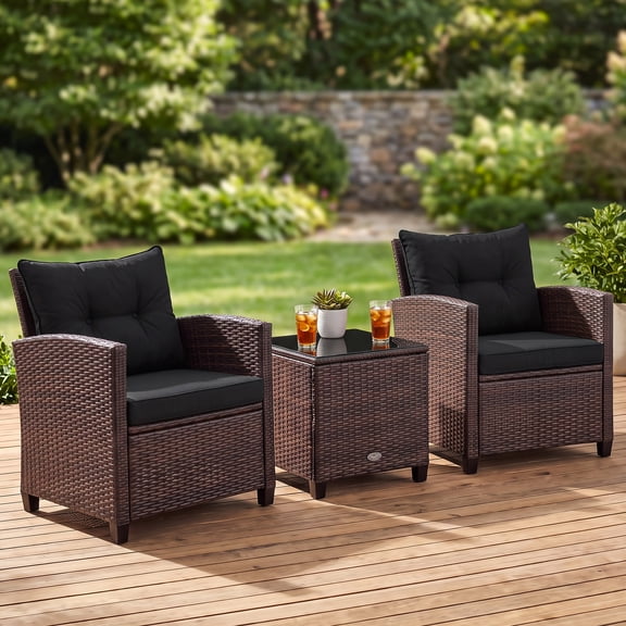 Dreischwarz 3 Piece Rattan Patio Furniture Set with 2 Chairs and Glass Table, Washable Cushions, Steel Frame