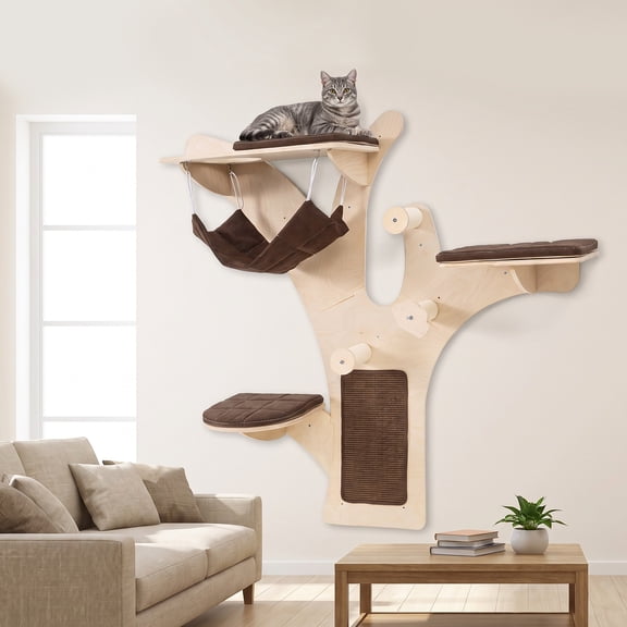 Dreischwarz 4-Level Wall-Mounted Cat Tree with Perch, Hammock and Natural Sisal Scratching Posts, Brown