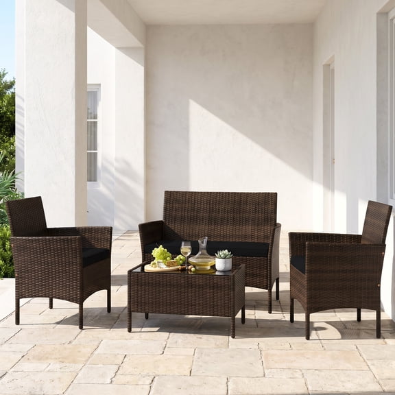 Dreischwarz 4 Piece Patio Rattan Conversation Set with Loveseat, 2 Chairs and Glass Table, Cozy Seat Cushions