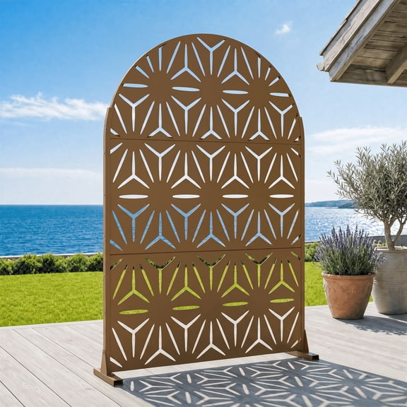 Dreischwarz Metal Arched Outdoor Decorative Privacy Screen, Freestanding Laser-Cut Panel Fence for Patio Deck Balcony Garden, 72" H x 47" W Brown-Star
