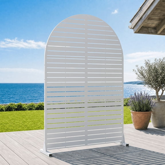 Dreischwarz Metal Arched Outdoor Decorative Privacy Screen with Stable Base, Freestanding Laser-Cut Panel Fence for Patio Deck Balcony Garden, 72" H x 47" WWhite-Louvered