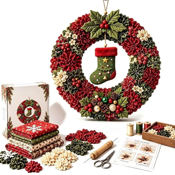 Dreisshy Christmas Wreath, 3D Fabric Wreath Poke Art, Christmas Craft Kits for Adults Beginners for Home Door Wall Hanging Decor, Christmas Gift for Craft Lovers