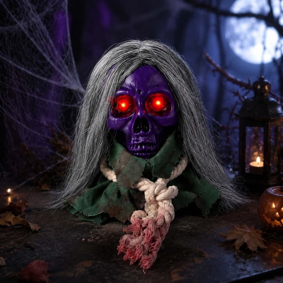 Dreisshy Moving Halloween Skull Head Prop, Skeleton Decorations - Sensor Activated with Creepy Sound, Scary Move, Light up Eyes, Spooky Decor (Not Include Batteries), Purple