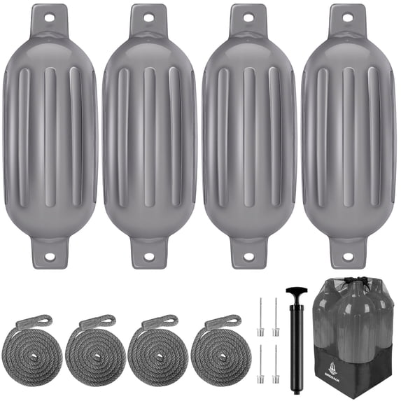 Dreizack Boat Fenders 4 Pack 5.5"×20" Boat Bumpers for Docking with 4 Ropes, Inflatable Ribbed Marine Pontoon Boat Fender Bumper for Docks with 1 Storage Bag, 1 Air Pump and 4 Needles, Blue