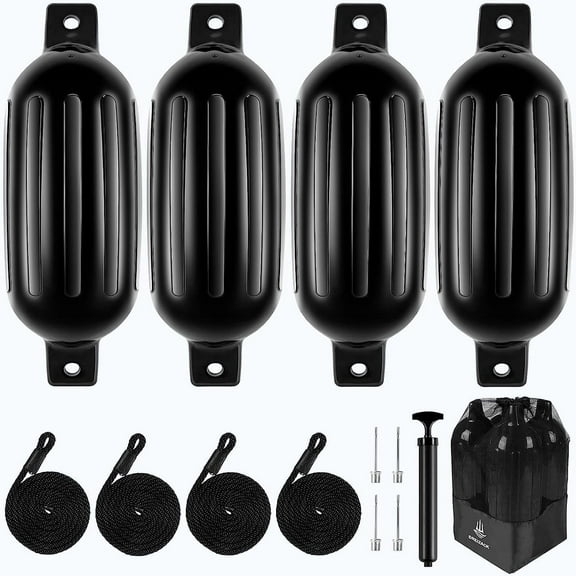 Dreizack Boat Fenders 4 Pack 6.5"×23" Boat Fenders for Docking with 4 Ropes, Inflatable Ribbed Marine Pontoon Boat Fender Bumper for Docks with 1 Storage Bag, 1 Air Pump and 4 Needles, Black