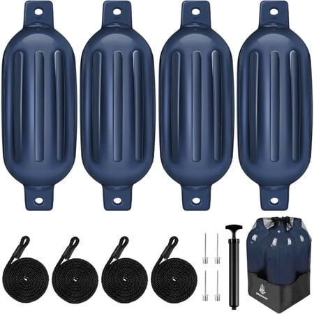 Dreizack Boat Fenders 4 Pack 6.5"×23" Boat Fenders for Docking with 4 Ropes, Inflatable Ribbed Marine Pontoon Boat Fender Bumper for Docks with 1 Storage Bag, 1 Air Pump and 4 Needles, Blue