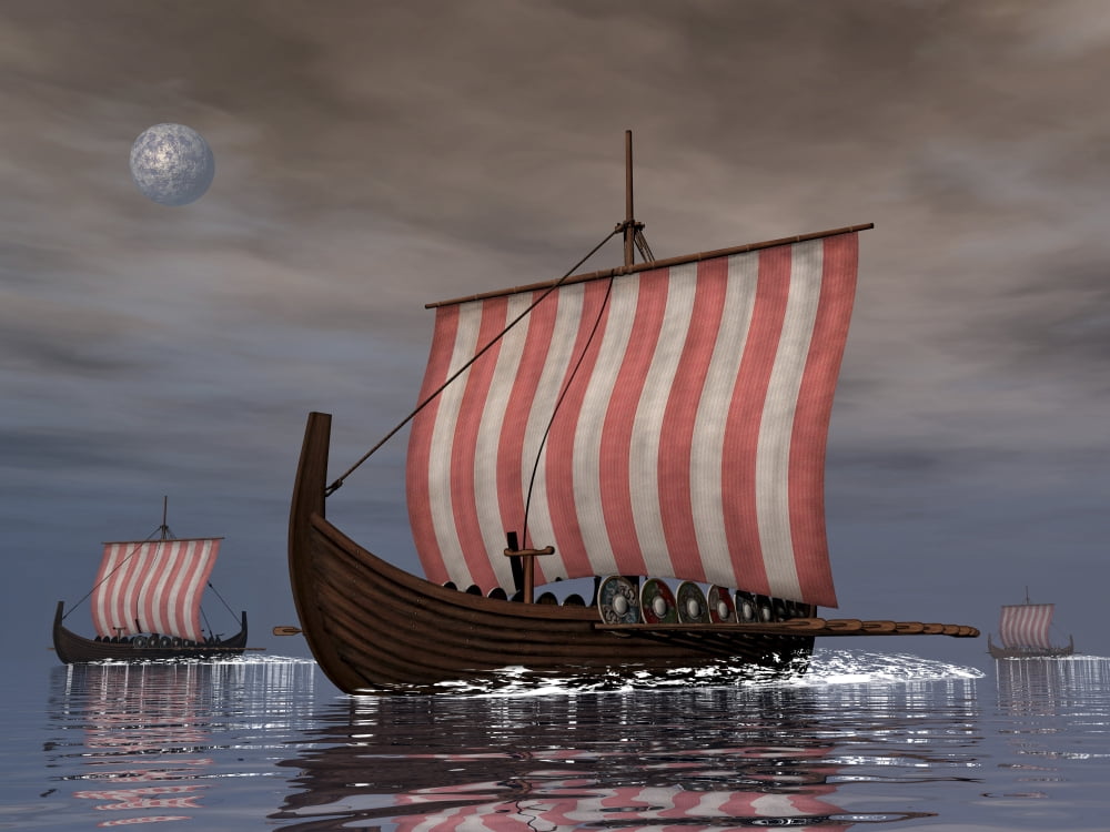 Drekar Viking ships navigating the ocean at night Canvas Art - Elena DuvernayStocktrek Images (33 x 25)