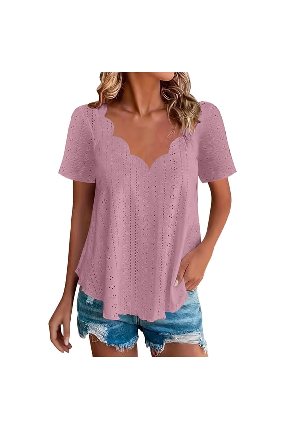 Basic Tees for Women Casual Smocking Plus Size V Neck Tee Breathable Lightweight Short Sleeve Shirt Solid Formal Tops
