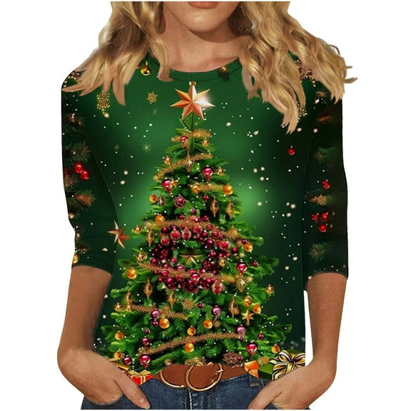 Dreluolixuan Blouses for Women Business Casual Funny Christmas Long Sleeve Xmas Trees Print Basic Sweatshirt Round Neck Pullover Casual Holiday Tee Tops