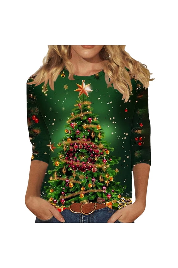 Blouses for Women Business Casual Funny Christmas Long Sleeve Xmas Trees Print Basic Sweatshirt Round Neck Pullover Casual Holiday Tee Tops