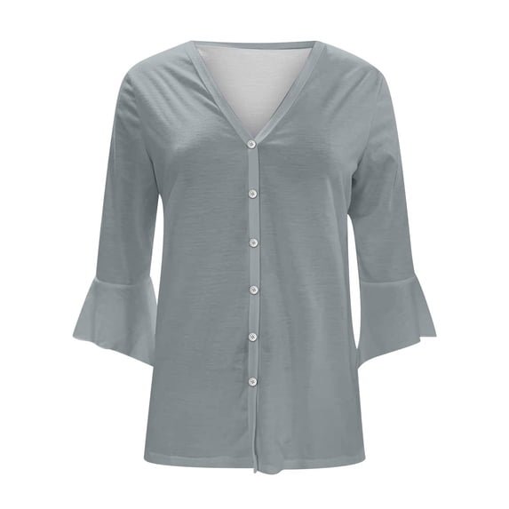 Dreluolixuan Cardigans for Women Plus Sizes 3/4 Sleeve Cardigan Bell Sleeves Button Down Kimono V Neck Extra Soft Open Front Cover Ups Solid Color Outerwear Tops Gray 2XL