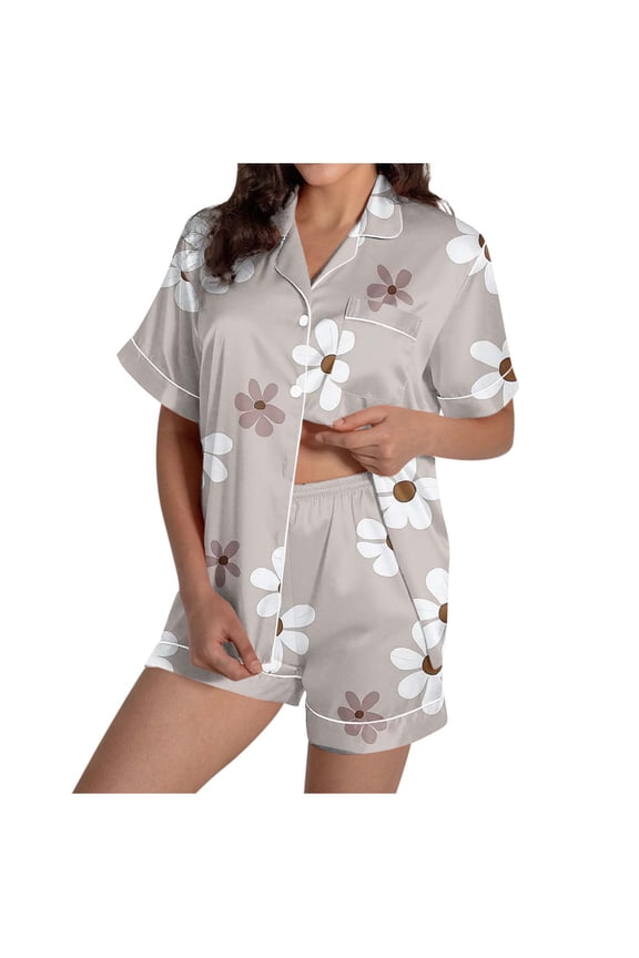 Couple Pajamas Short Sleeve Collar Soft Shirt Elastic Waist Pants Graphic Fall His and Hers Nightwear with Pocket