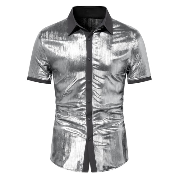 Dreluolixuan Dress Shirts for Men Short Sleeve Botton Down Tee Tops Short Sleeve Blouses Lapel Tees Shiny Slim Fit Tops Nightclub Party Metallic Disco T Shirt Summer Silver 2XL