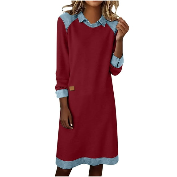 Dreluolixuan Dresses for Women Cocktail Denim Patchwork Lapel Long Sleeve Midi Flowy Solid Breathable Dress H Line Casual Loungwear
