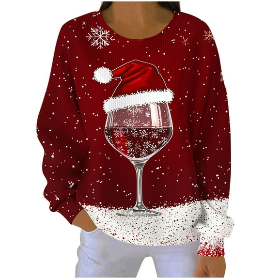 Dreluolixuan Fall Blouse Cute Xmas Long Sleeve Red Wine Glass Print Basic Sweatshirt Round Neck Pullover Work Family Tee Tops