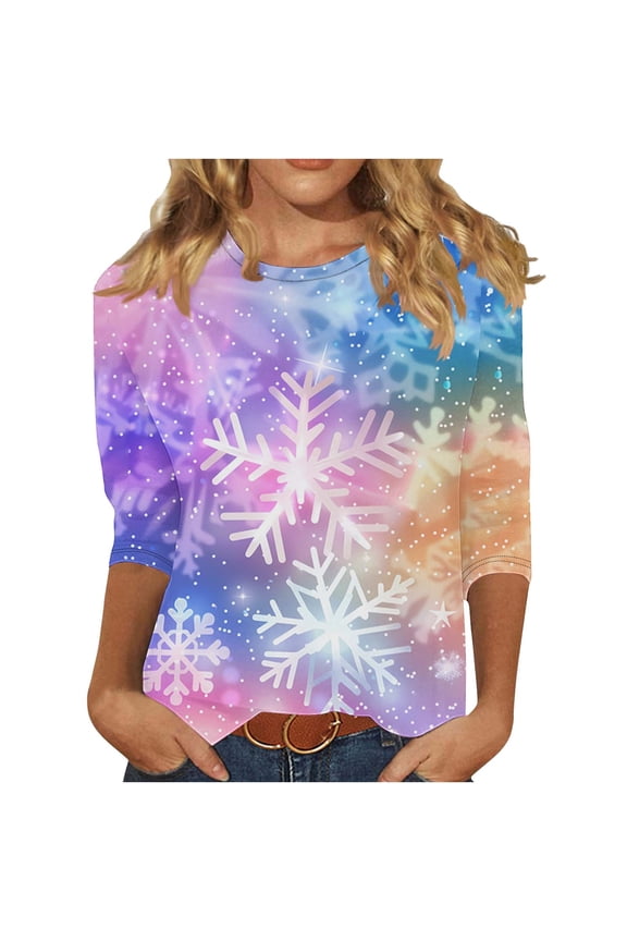 Ladies Blouses Funny Christmas Long Sleeve Snowflake Print Basic Sweatshirt Crew Neck Pullover Casual Winter Tee Tops